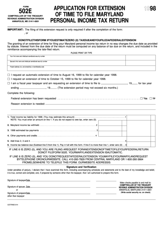 Fillable Form 502 E - Application For Extension Of Time To File Maryland Personal Income Tax Return - 1998 Printable pdf