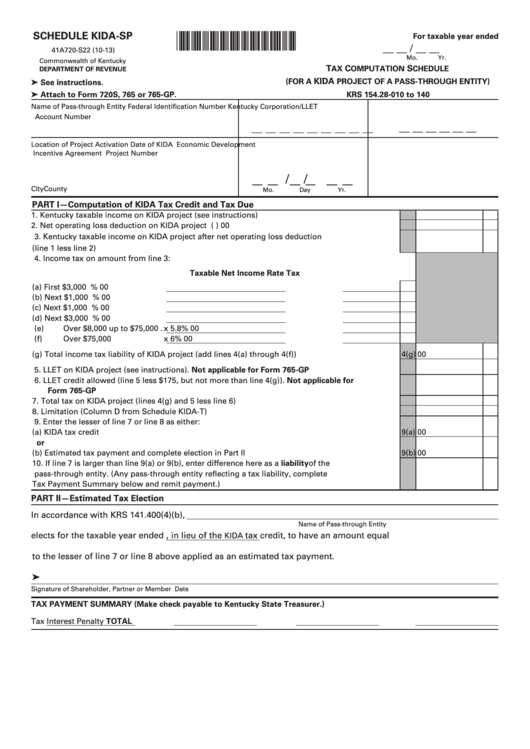 Form 41a720-S22 - Schedule Kida-Sp - Tax Computation Schedule (For A Kida Project Of A Pass-Through Entity) Printable pdf