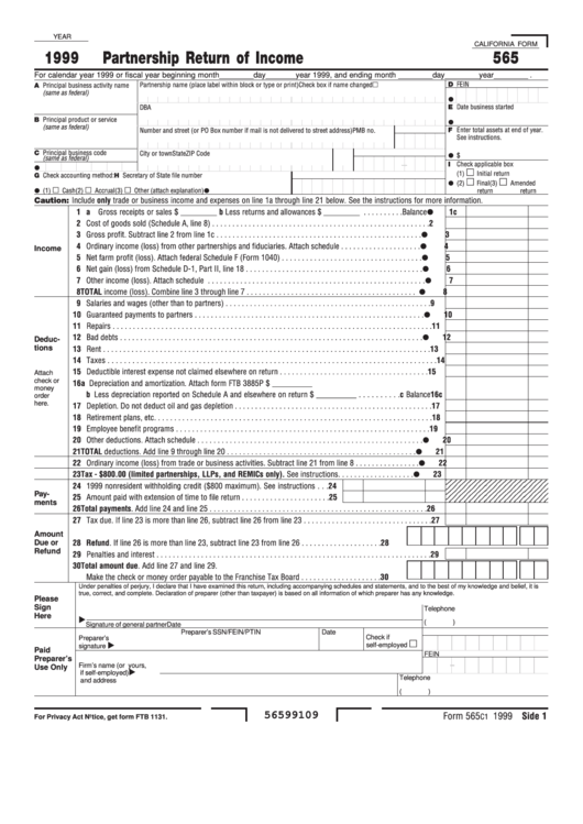 California Form 565 - Partnership Return Of Income - 1999 Printable pdf