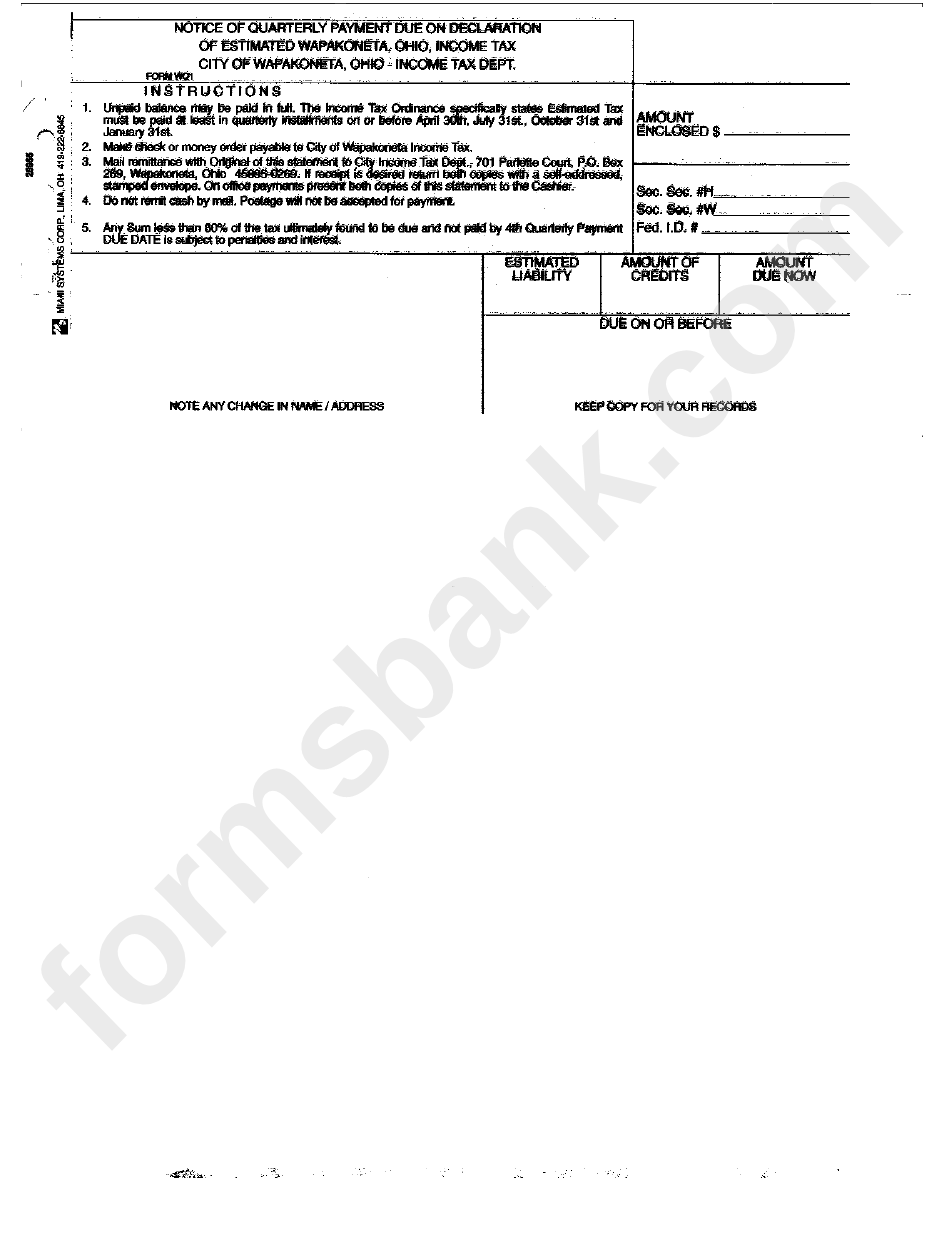 Form Wq1 - Notice Of Quarterly Payment Due On Declaration Of Estimated Wapakoneta, Ohio, Income Tax