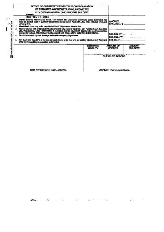 Form Wq1 - Notice Of Quarterly Payment Due On Declaration Of Estimated Wapakoneta, Ohio, Income Tax Printable pdf