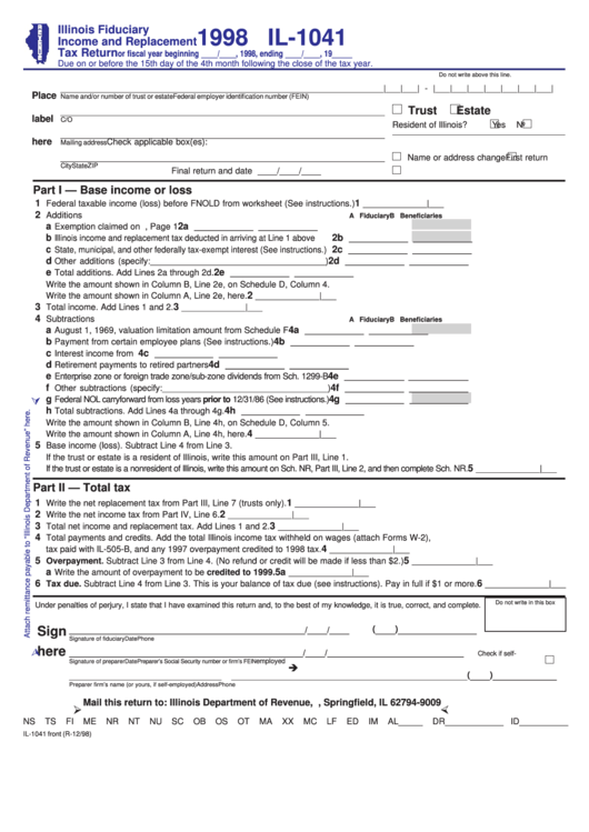 Fillable Form Il-1041 - Illinois Fiduciary Income And Replacement Tax Return - 1998 Printable pdf
