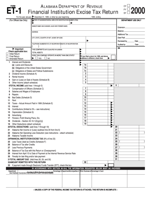 Form Et-1 - Financial Institution Excise Tax Return - 2000 Printable pdf