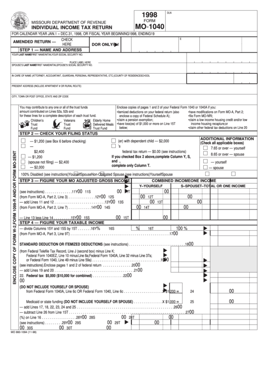 Fillable Form Mo-1040 - Individual Income Tax Return - 1998 Printable pdf