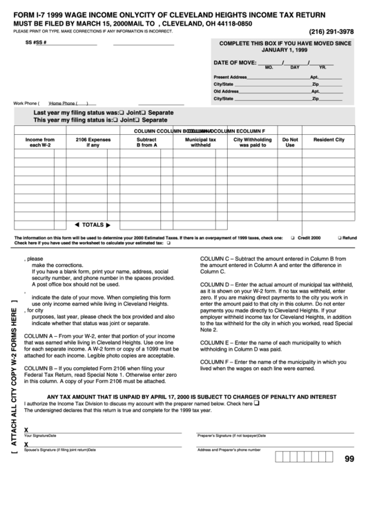 Form I-7 - 1999 Wage Income Only - City Of Cleveland Heights Income Tax Return Printable pdf