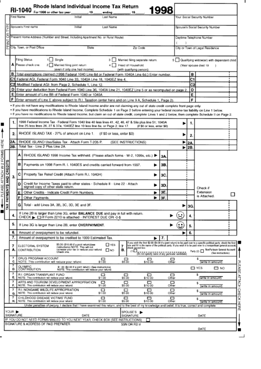 Fillable Form Ri-1040 - Rhode Island Individual Income Tax Return - 1998 Printable pdf