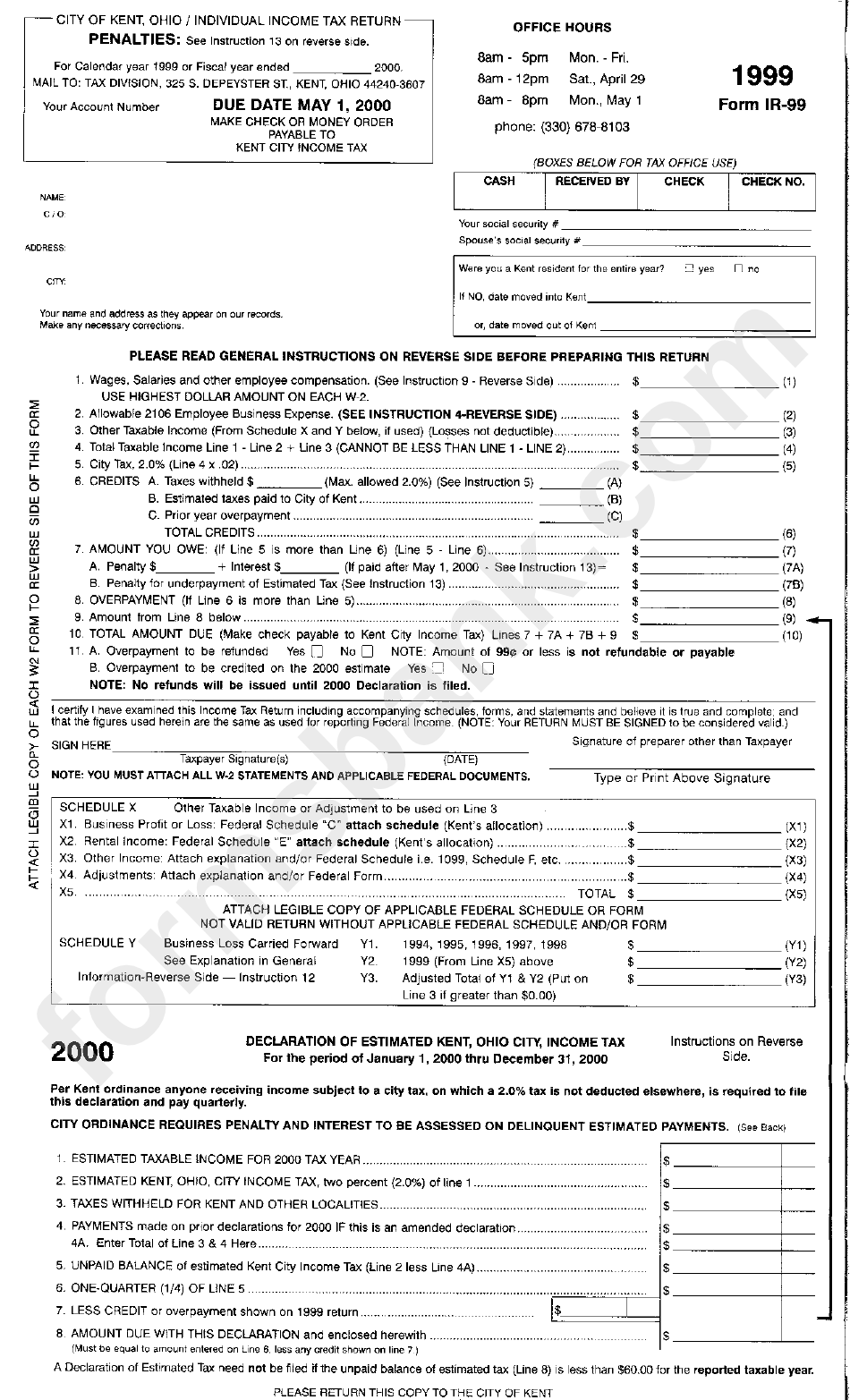 Form Ir-99 - City Of Kent, Ohio, Individual Income Tax Return - 1999