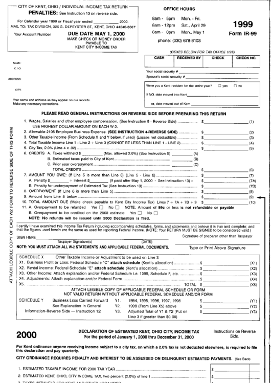 Form Ir-99 - City Of Kent, Ohio, Individual Income Tax Return - 1999 Printable pdf