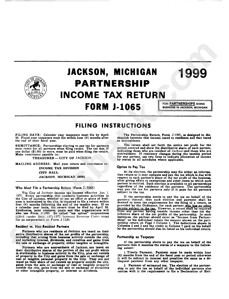Partnership Income Tax Return, Form J-1065 Filing Instructions - 1999