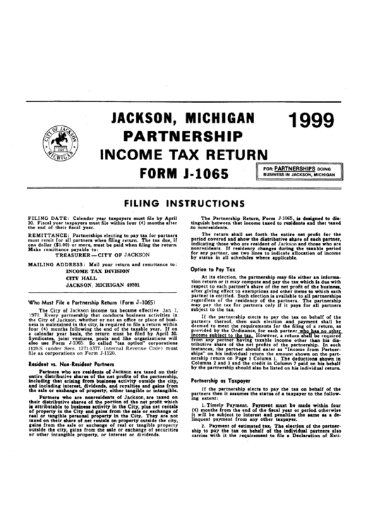 Partnership Income Tax Return, Form J-1065 Filing Instructions - 1999 Printable pdf
