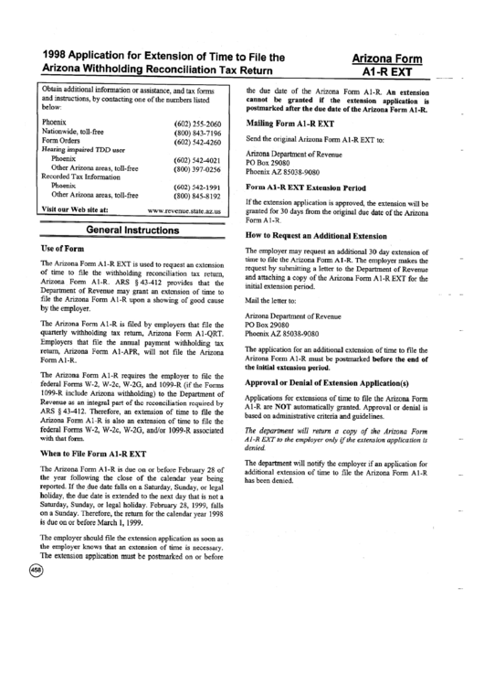 Form A1-R Ext - 1998 Application For Extension Of Time To File The Arizona Withholding Reconciliation Tax Return Printable pdf