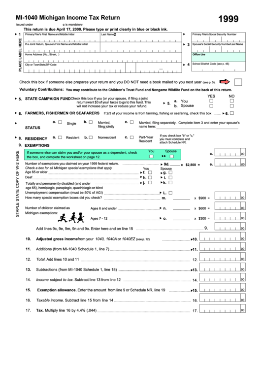 Form Mi1040 Michigan Tax Return 1999 printable pdf download