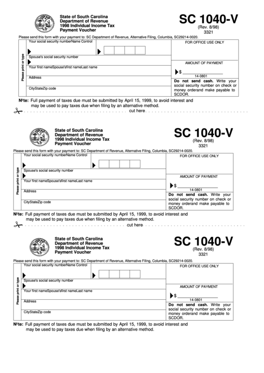 Fillable Form Sc 1040-V - 1998 Individual Income Tax Payment Voucher Printable pdf