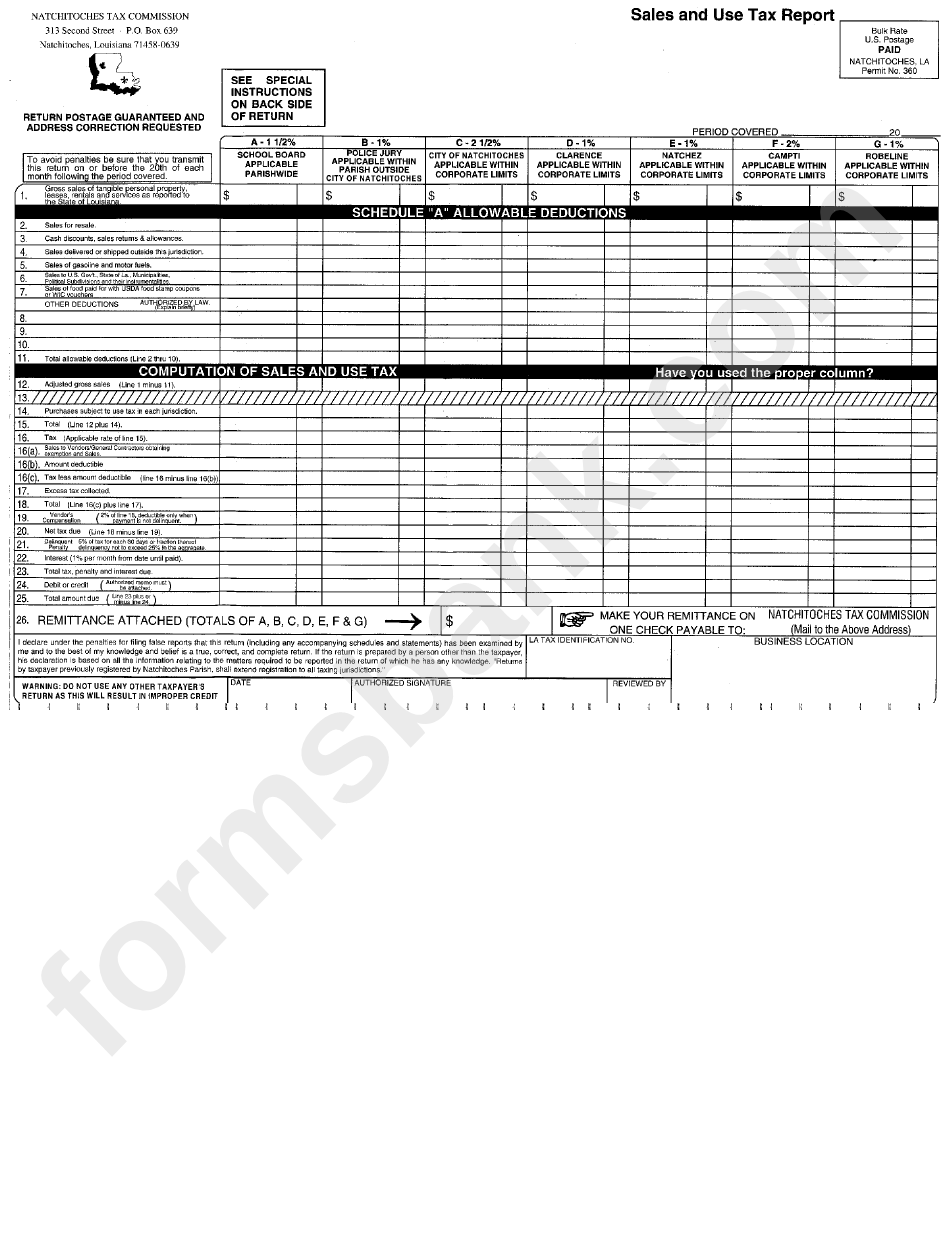 Sales And Use Tax Report Natchitoches Tax Commission printable pdf