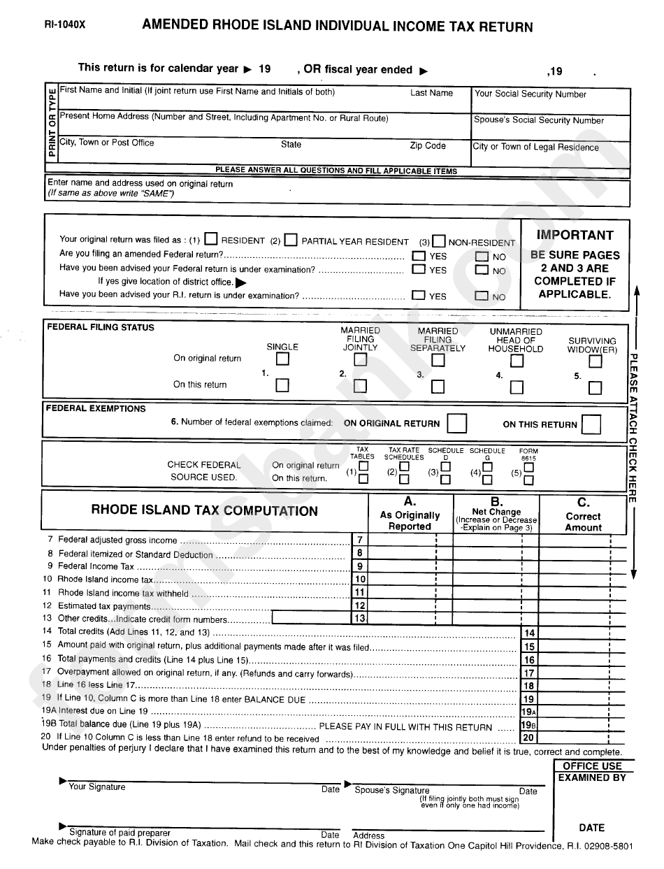 Form Ri-1040x - Amended Rhode Island Individual Income Tax Return