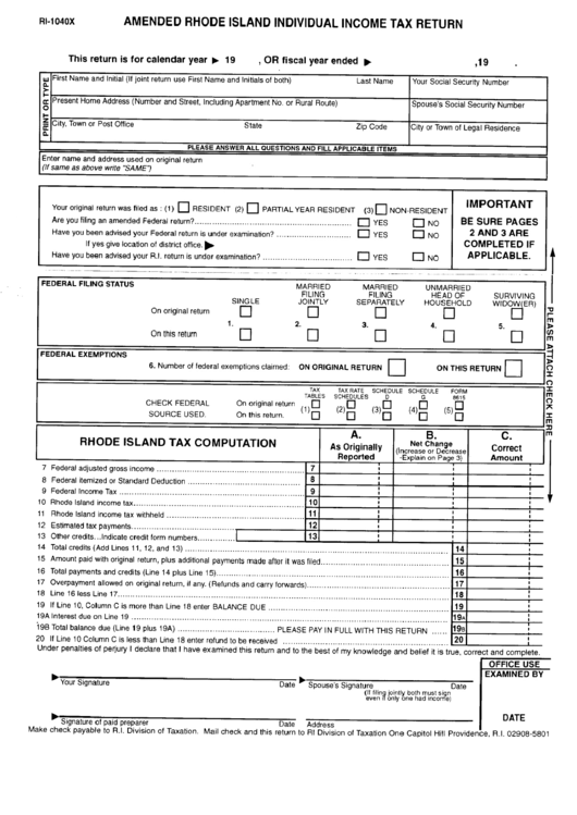 Fillable Form Ri-1040x - Amended Rhode Island Individual Income Tax Return Printable pdf