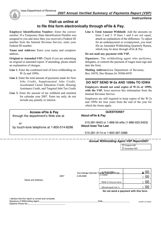 Form 44-007 - Annual Verified Summary Of Payments Report (Vsp) - 2007 Printable pdf