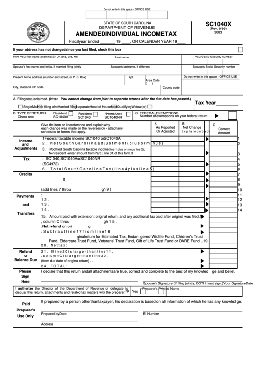 Form Sc1040x - Amended Individual Income Tax Printable pdf