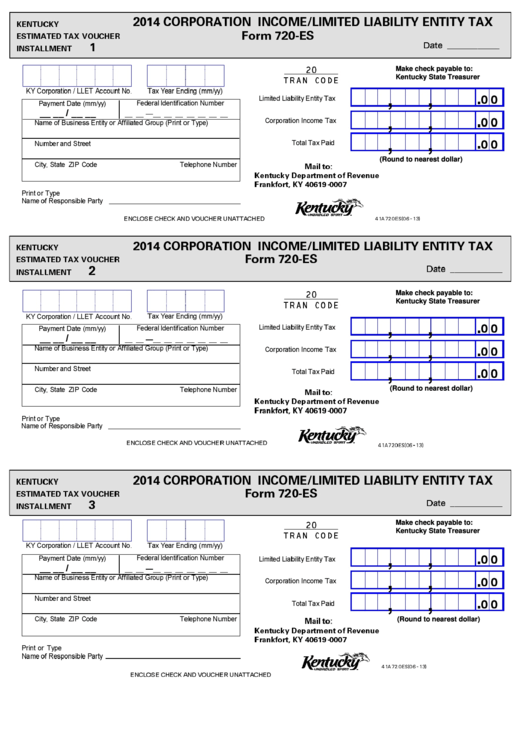 Form 720-Es - Corporation Income/limited Liability Entity Tax - 2014 Printable pdf