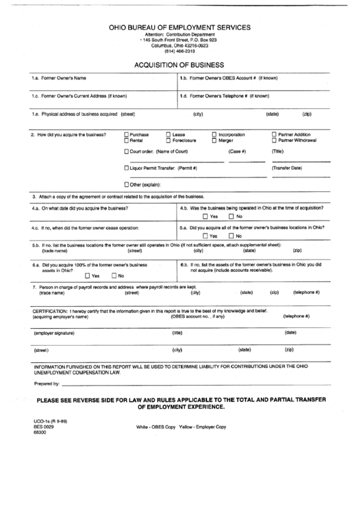 Form Uco-1s - Acquisition Of Business - Ohio Bureau Of Employment Services Printable pdf
