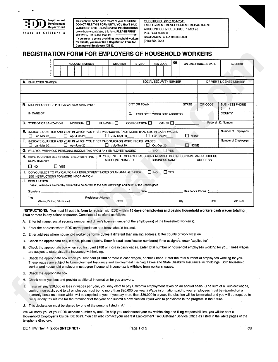 Form De 1 Hw - Registration For Employers Of Household Workers - California Employment Development Department