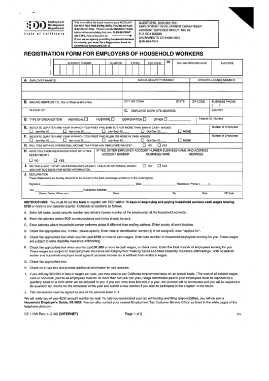 Form De 1 Hw - Registration For Employers Of Household Workers - California Employment Development Department Printable pdf