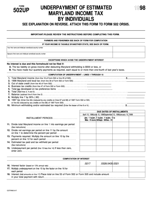 Form 502 Up - Underpayment Of Estimated Maryland Income Tax By Individuals - 1998 Printable pdf
