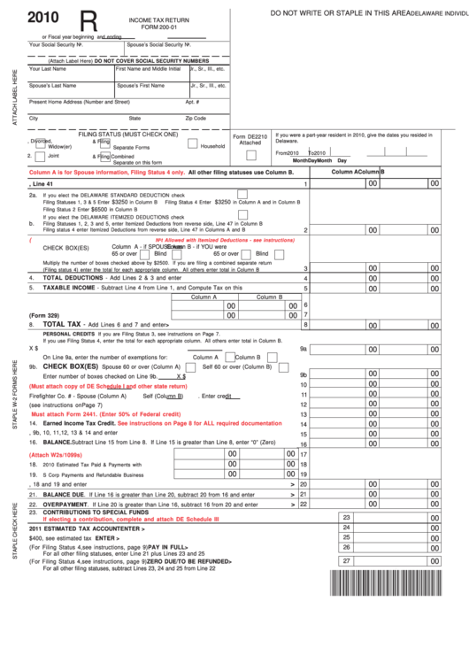 Form 200-01 - Delaware Individual Resident Income Tax Return - 2010 Printable pdf