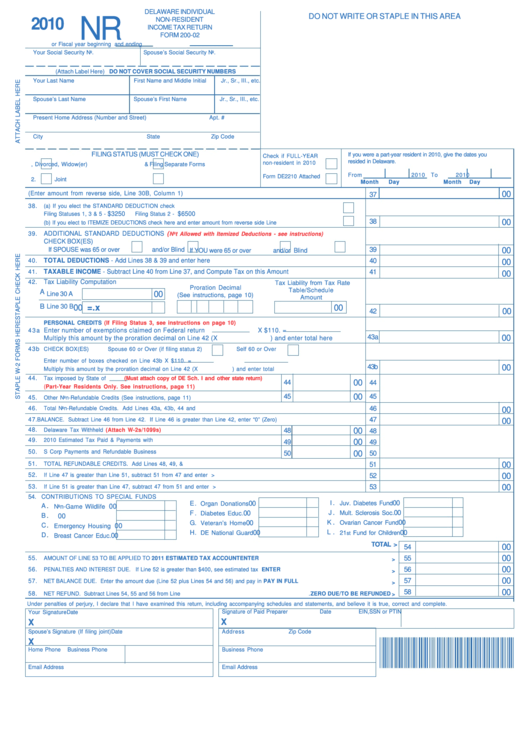 Form 200-02 - Delaware Individual Non-Resident Income Tax Return - 2010 Printable pdf