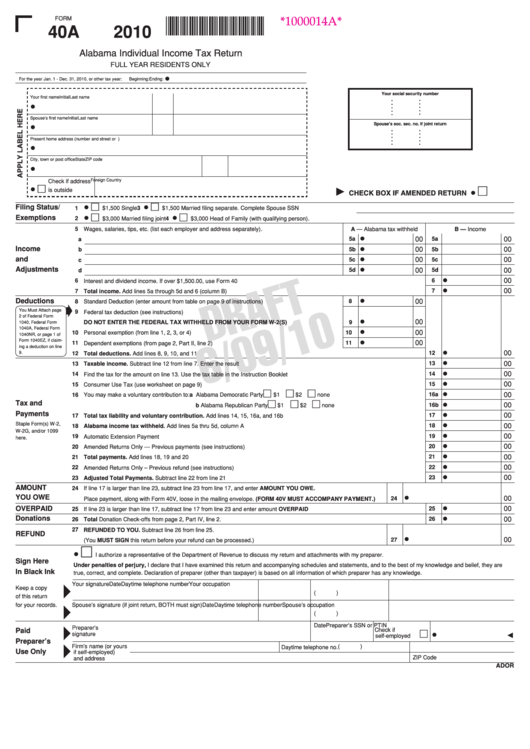 Form 40a - Alabama Individual Income Tax Return - 2010