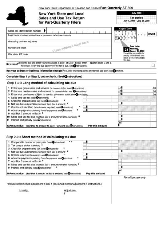 Form St-809 -Sales And Use Tax Return For Part-Quarterly Filers 2000 Printable pdf