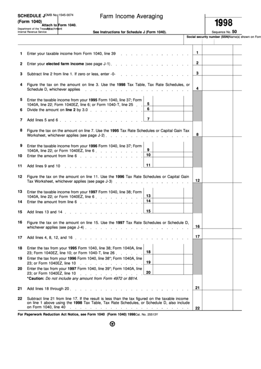 Fillable Schedule J (Form 1040) - Farm Income Averaging - 1998 Printable pdf