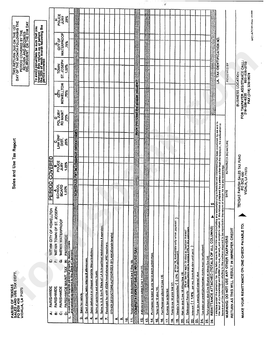 Sales And Use Tax Report Parish Of Tensas printable pdf download
