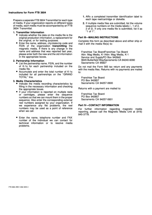 Instructions For Form Ftb 3604 - Transmittal Of Paperless Schedules K-1 (565 Or 568) On Cd Or Diskette Printable pdf