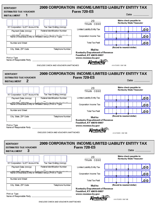 Form 720-Es Draft - Corporation Income/limited Liability Entity Tax/estimated Tax - 2009 Printable pdf