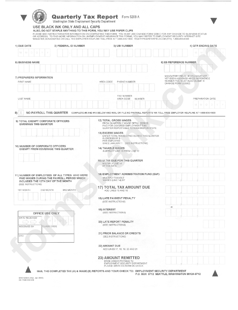 Form 5208 A Quarterly Tax Report Washington State Employment