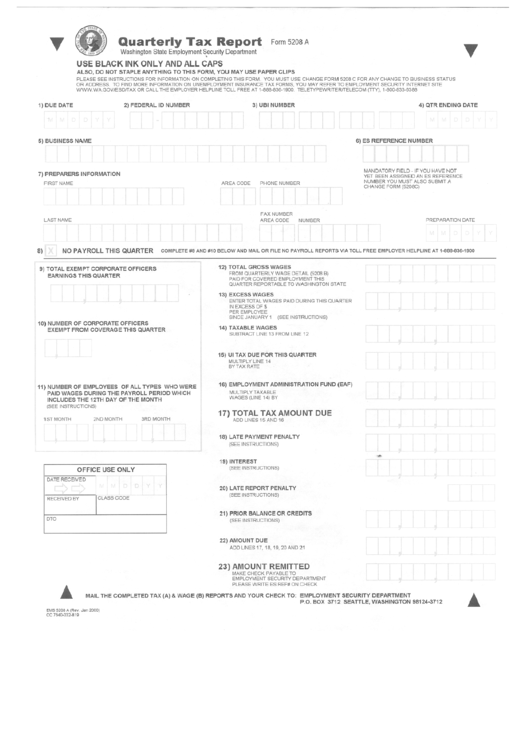 Form 5208 A - Quarterly Tax Report - Washington State Employment Security Department Printable pdf
