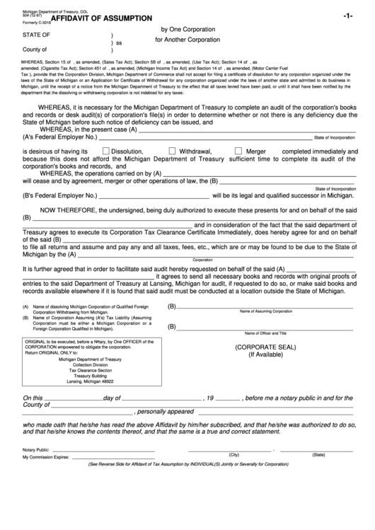 Fillable Form 504 - Affidavit Of Assumption By One Corporation For Another - Michigan Department Of Treasury Printable pdf