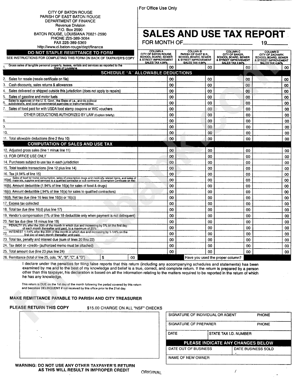 Sales And Use Tax Report - City Of Baton Rouge