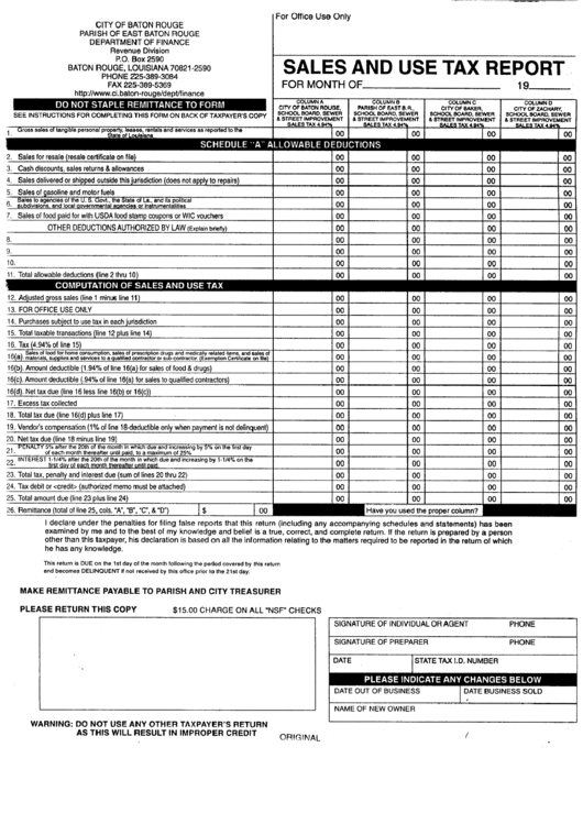 Sales And Use Tax Report - City Of Baton Rouge Printable pdf