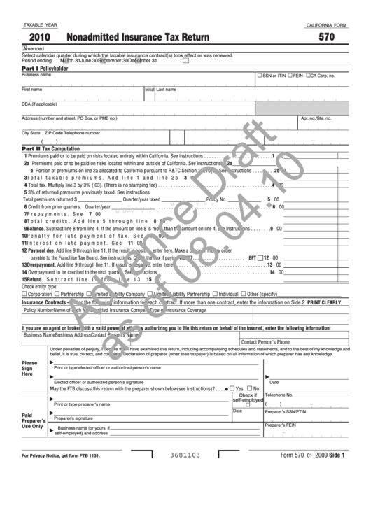 Fillable Form 570 Advance Draft - Nonadmitted Insurance Tax Return - 2010 Printable pdf