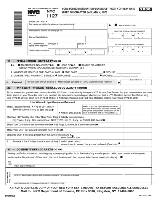 Form Nyc-1127 - Return For Nonresident Employees Of The City Of New York Hired On Or After January 4, 1973 - 2008 Printable pdf