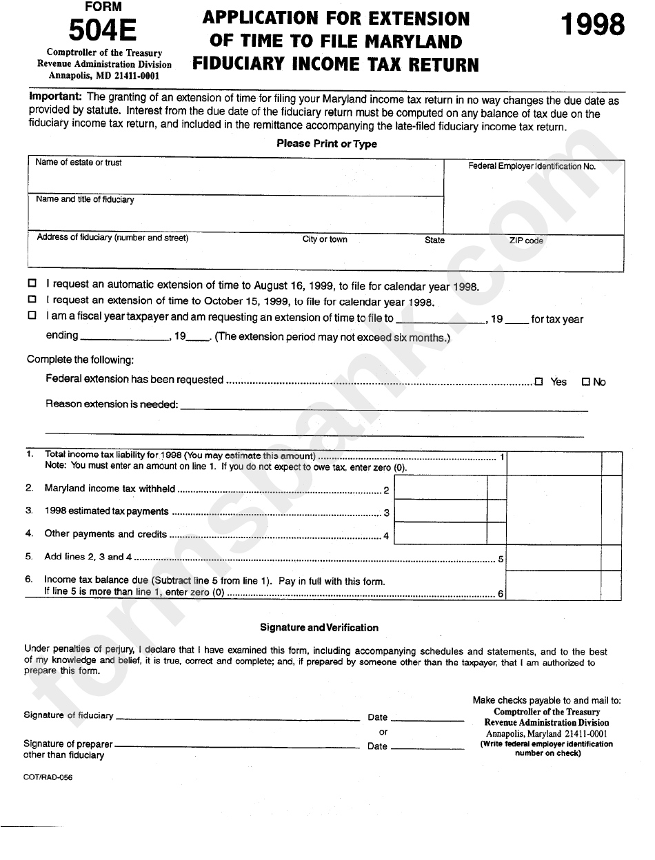 Form 504e - Application For Extension Of Time To File Maryland Fiduciary Income Tax Return - 1998