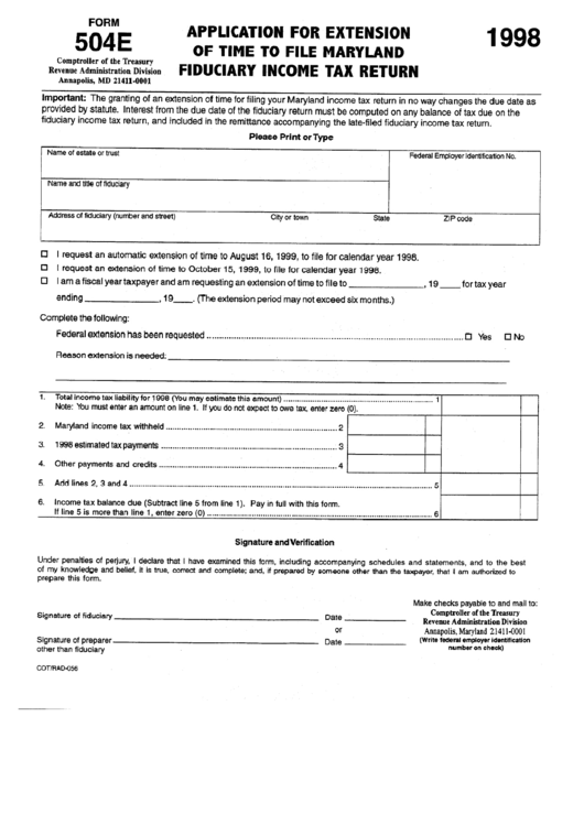 Fillable Form 504e - Application For Extension Of Time To File Maryland Fiduciary Income Tax Return - 1998 Printable pdf