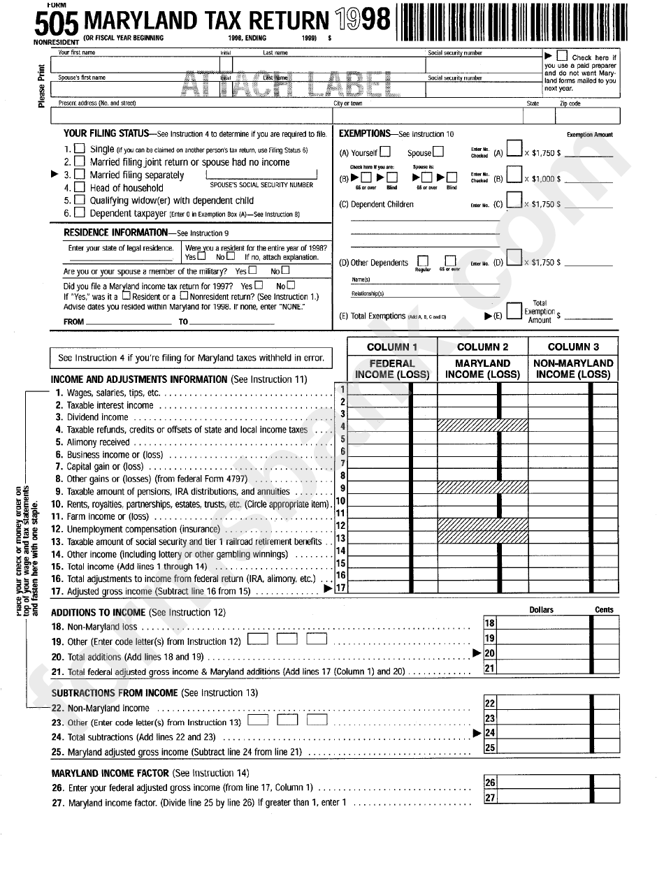 Form 505 - Maryland Tax Return - 1998