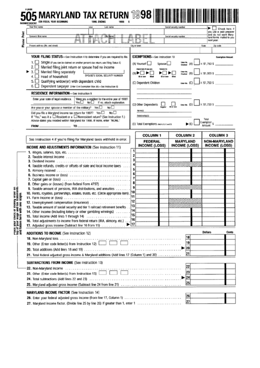 Fillable Form 505 - Maryland Tax Return - 1998 Printable pdf