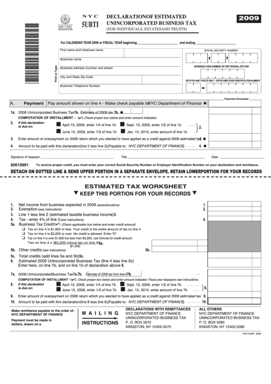 Form Nyc-5ubti - Declaration Of Estimated Unincorporated Business Tax - 2009 Printable pdf
