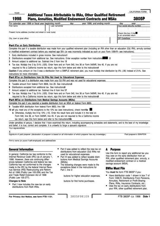 California Form Ftb 3805p - Additional Taxes Attributable To Iras, Other Qualified Retirement Plans, Annuities, Modified Endowment Contracts And Msas - 1998 Printable pdf