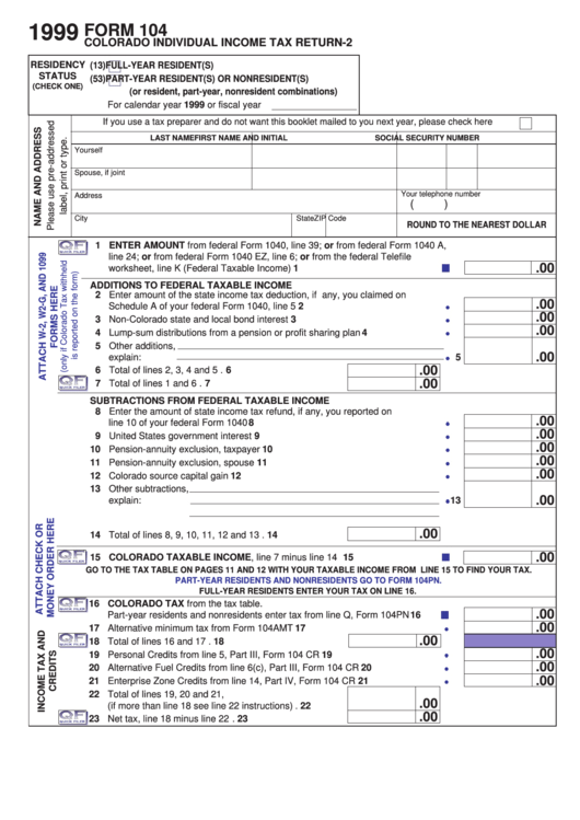 Form 104 - Colorado Individual Income Tax Return-2 - 1999 Printable pdf