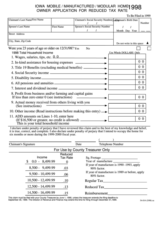 Fillable Form 54-014 - Iowa Mobile / Manufactured / Modular Home Owner Application For Reduced Tax Rate - 1998 Printable pdf